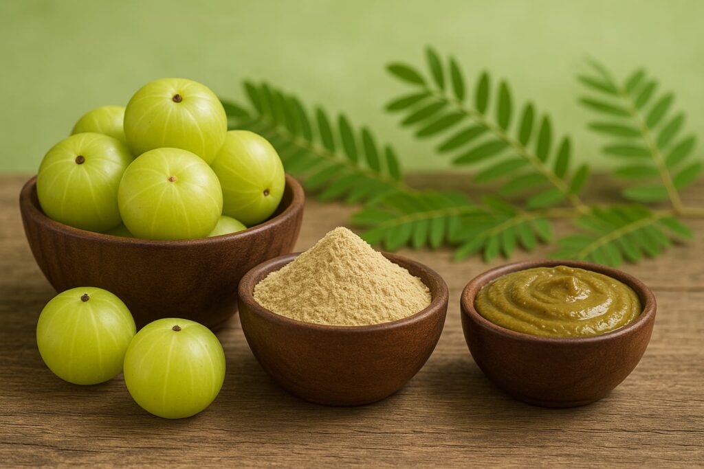 लकड़ी की मेज पर ताजा आंवले के फल, एक कटोरी में आंवला पाउडर