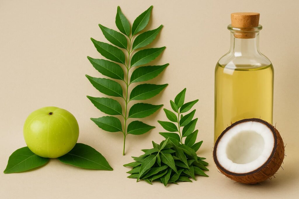 बालों की सफेदी से बचाव आंवला, करी पत्ता, मेहंदी, और नारियल तेल की बोतल का एक रंगीन कोलाज।