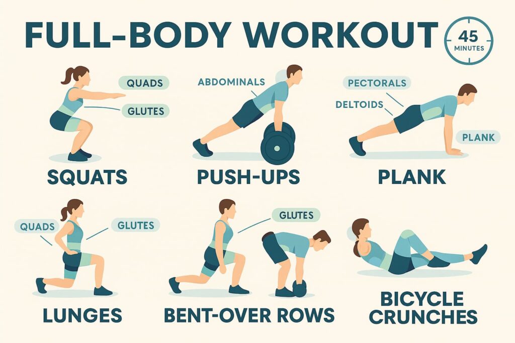 7 full-body exercises for toning, showing proper form and targeted muscle groups.