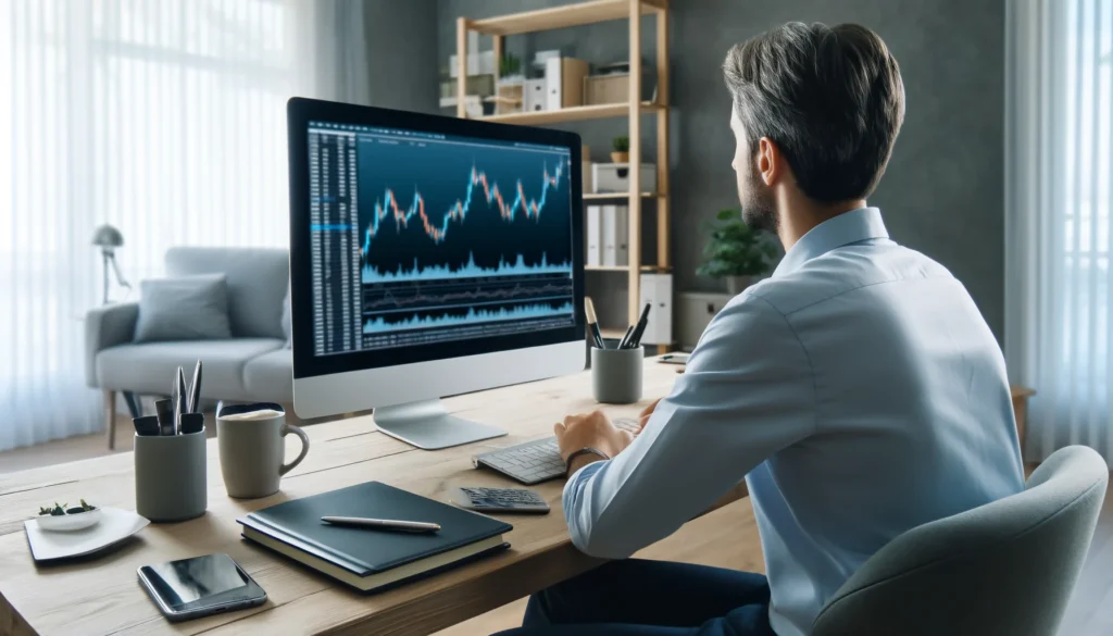 A trader sitting at a desk, focused on a computer screen displaying a forex trading platform. The desk is organized, with a notebook, pen, and a cup of coffee. The background shows a professional, clean home office environment.