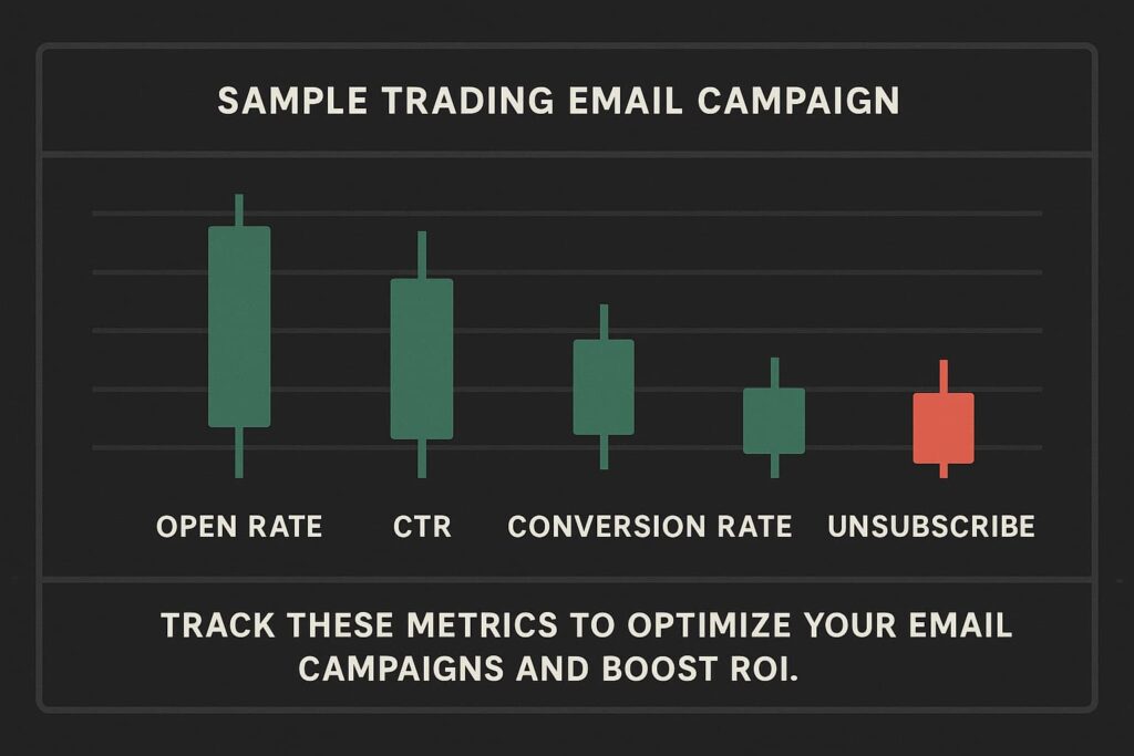 Bar chart comparing open rate, CTR, conversion rate, and unsubscribe rate for a sample trading email campaign.